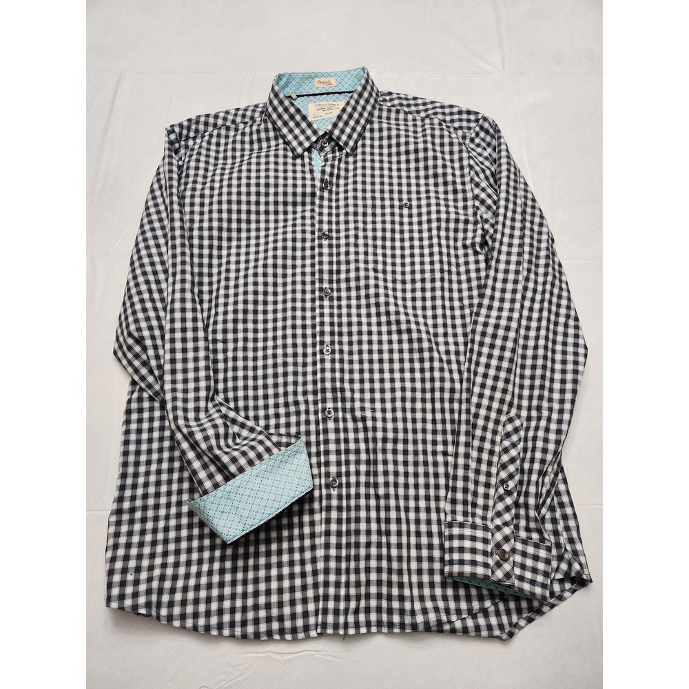 7 Diamonds Shirt Mens Extra Large Brown Blue Plaid Gingham Button Up Cotton